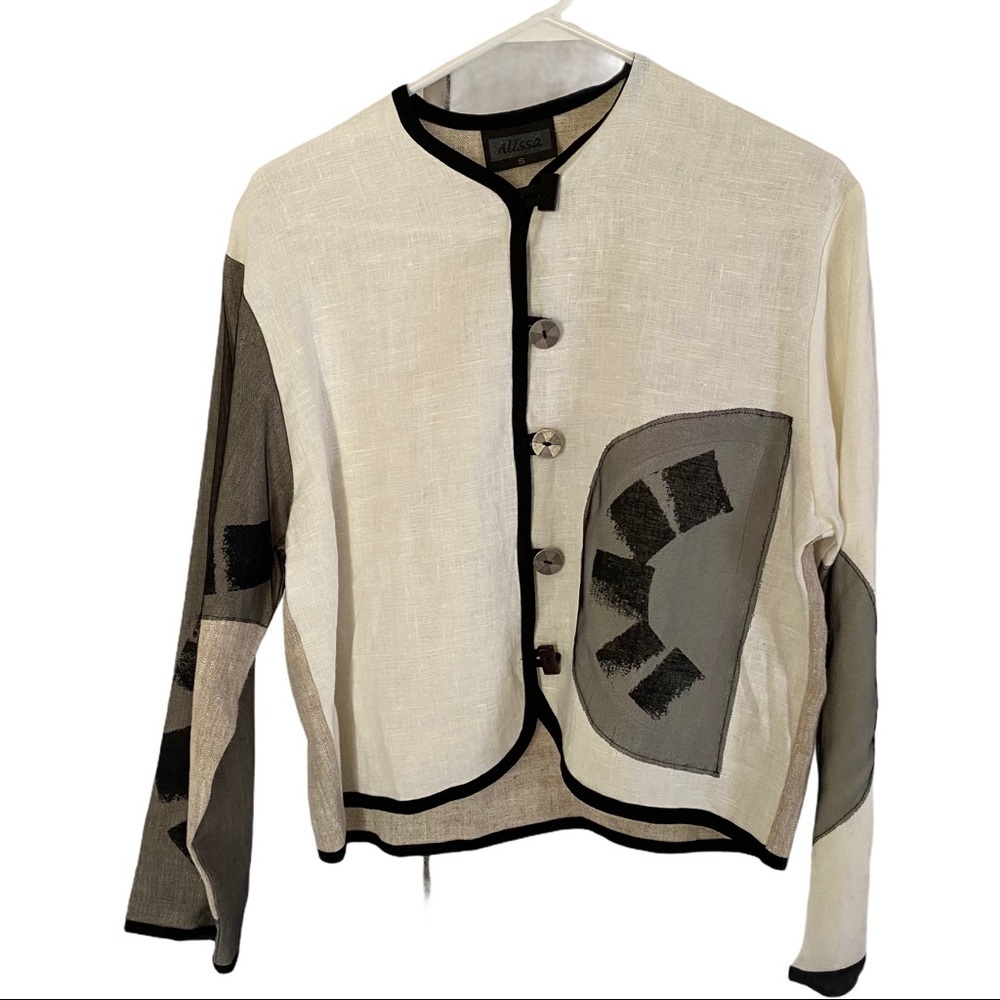 Vintage Alissa USA 100% Linen Cream White Grey Abstract Print 4-Button Jacket Sm